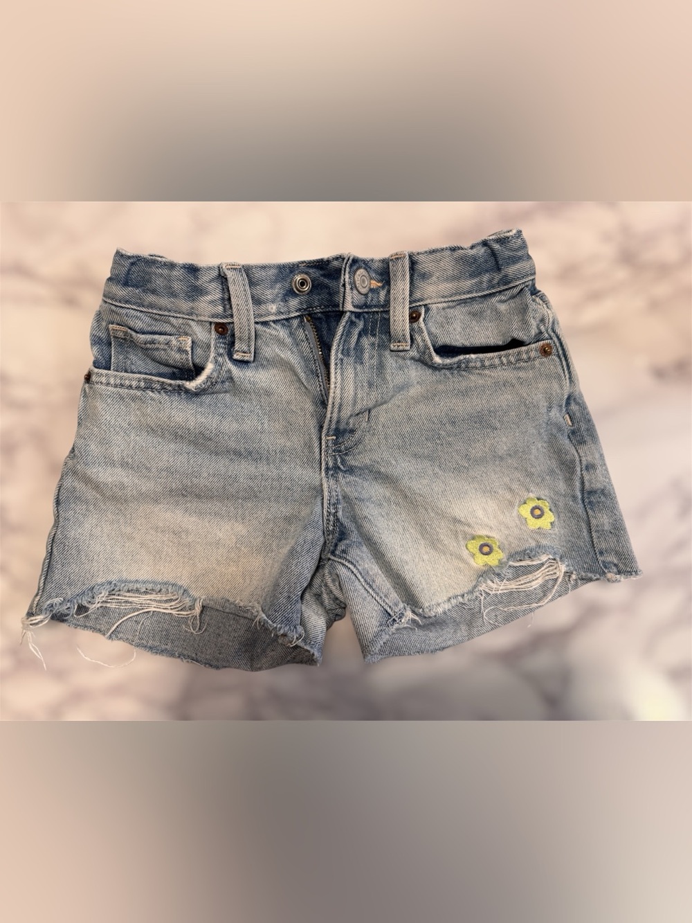 Light Wash Denim Girls Shorts with Yellow Flower Accent